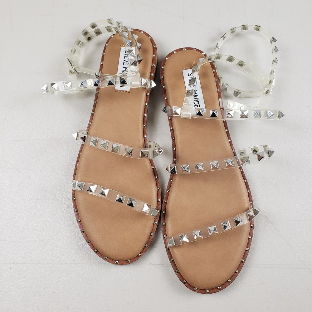Steve Madden Travel Clear Tan Silver Pyramid Studded Gladiator Sandals 8.5M - Picture 2 of 11